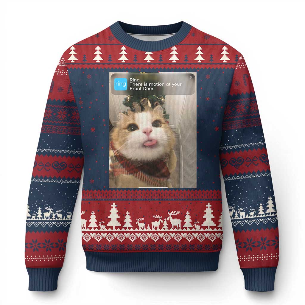 Funny Cat Xmas Ugly Christmas Sweater Ring There is Motion at Your Front Door Meme Xmas Tree TS10 Navy Red Print Your Wear