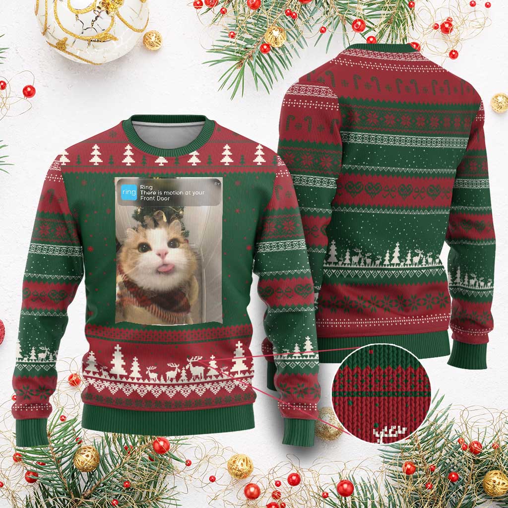 Funny Cat Xmas Ugly Christmas Sweater Ring There is Motion at Your Front Door Meme Xmas Tree TS10 Red Green Print Your Wear