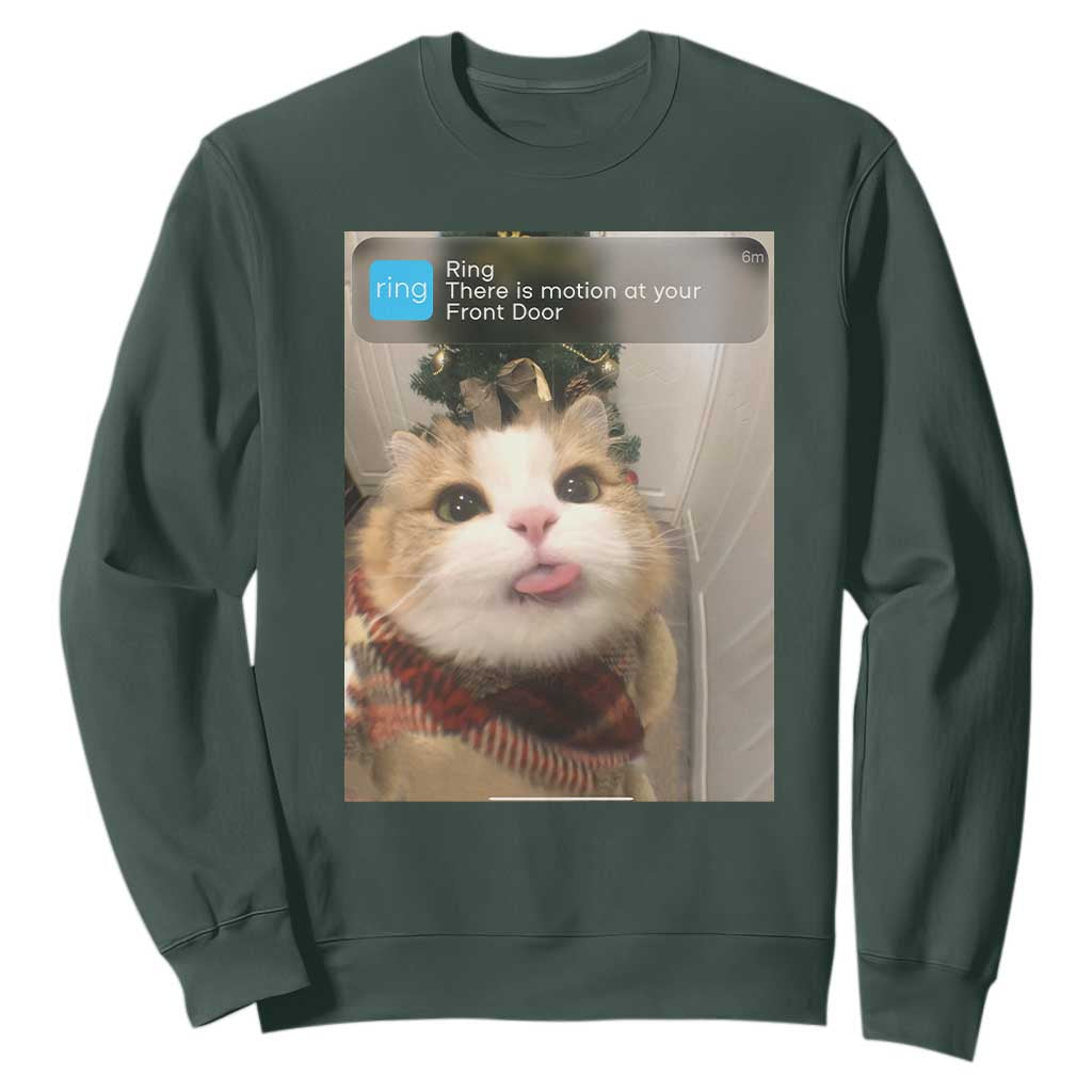Funny Cat Christmas Sweatshirt Ring There is Motion at Your Front Door Meme Xmas Tree TS10 Dark Forest Green Print Your Wear