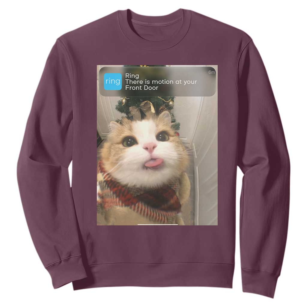 Funny Cat Christmas Sweatshirt Ring There is Motion at Your Front Door Meme Xmas Tree TS10 Maroon Print Your Wear