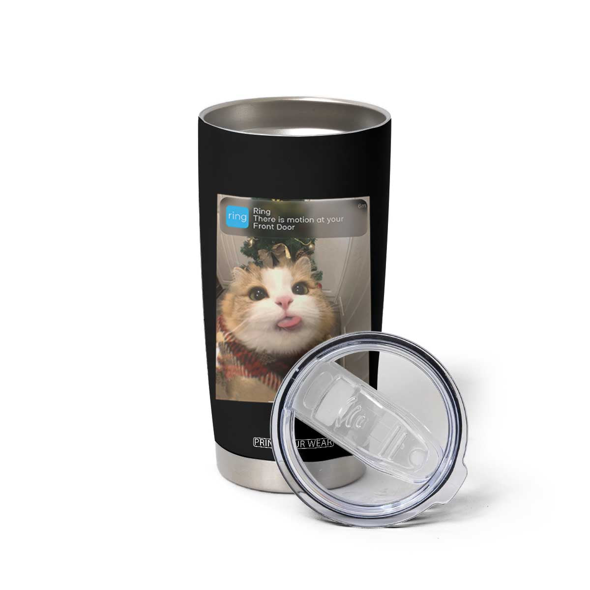 Funny Cat Christmas Tumbler Cup Ring There is Motion at Your Front Door Meme Xmas Tree TS10 Print Your Wear