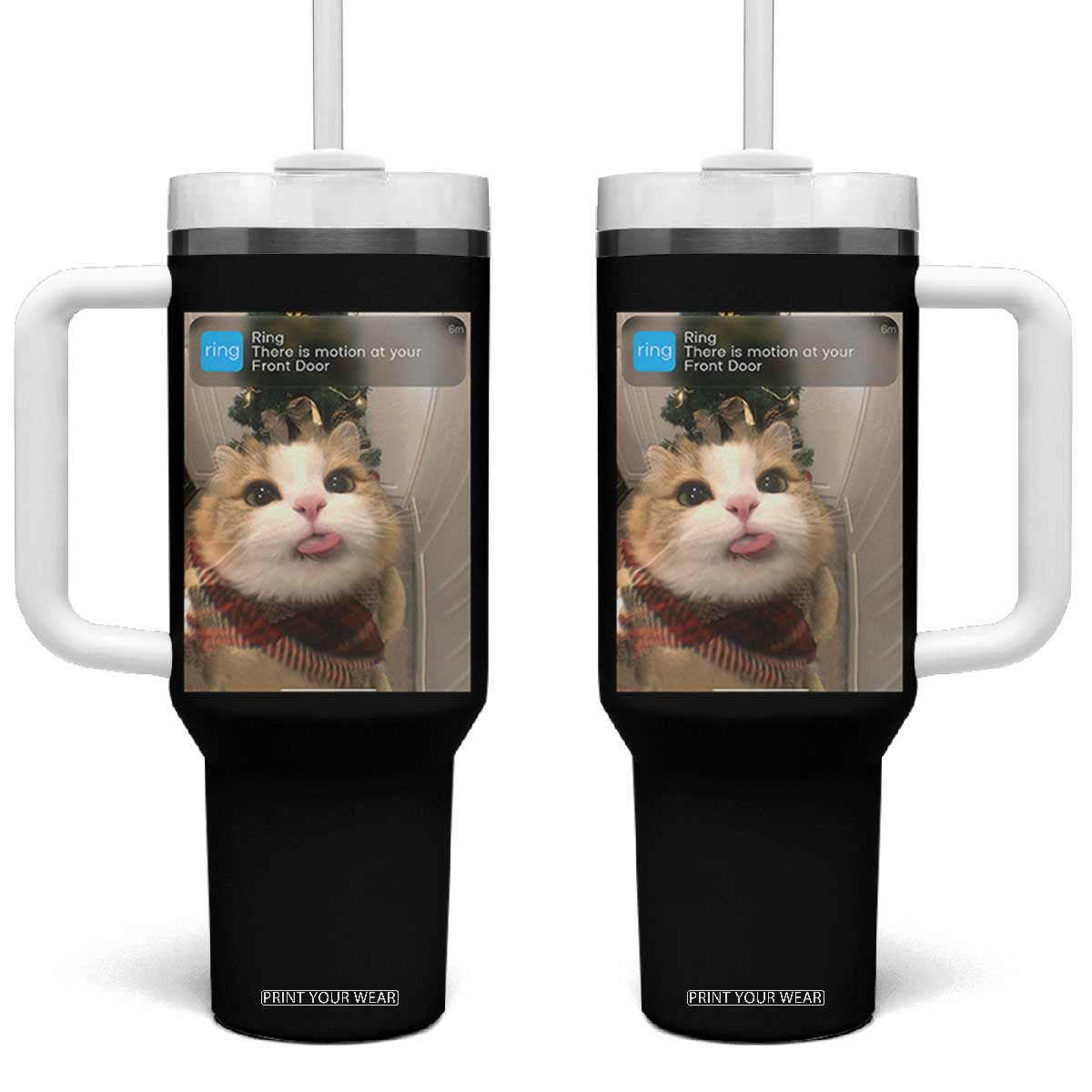 Funny Cat Christmas Tumbler With Handle Ring There is Motion at Your Front Door Meme Xmas Tree TS10 One Size: 40 oz Black Print Your Wear
