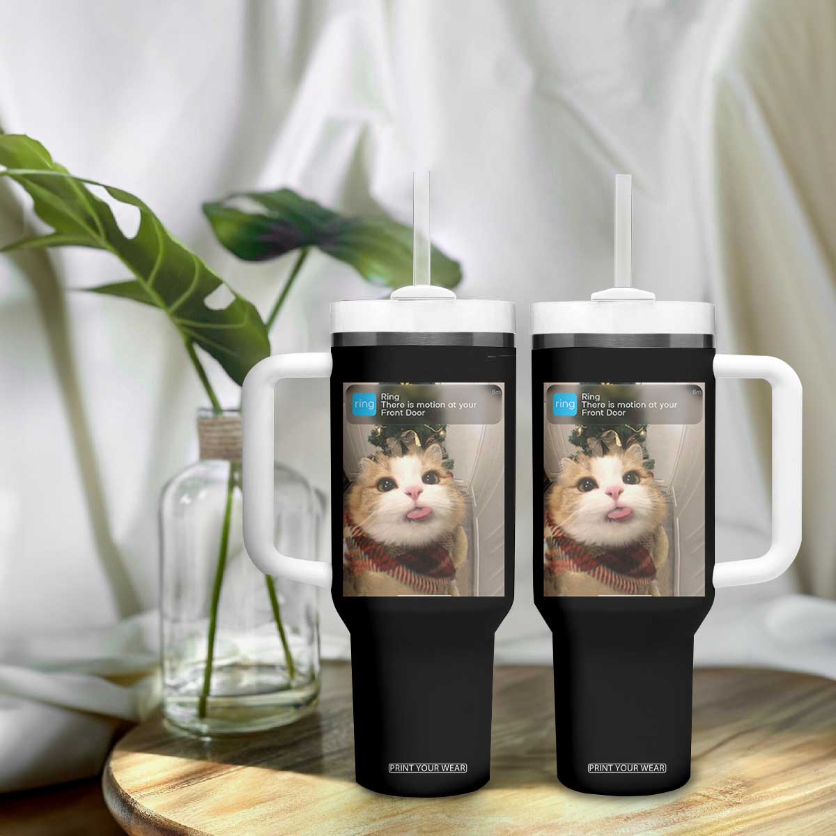 Funny Cat Christmas Tumbler With Handle Ring There is Motion at Your Front Door Meme Xmas Tree TS10 Print Your Wear