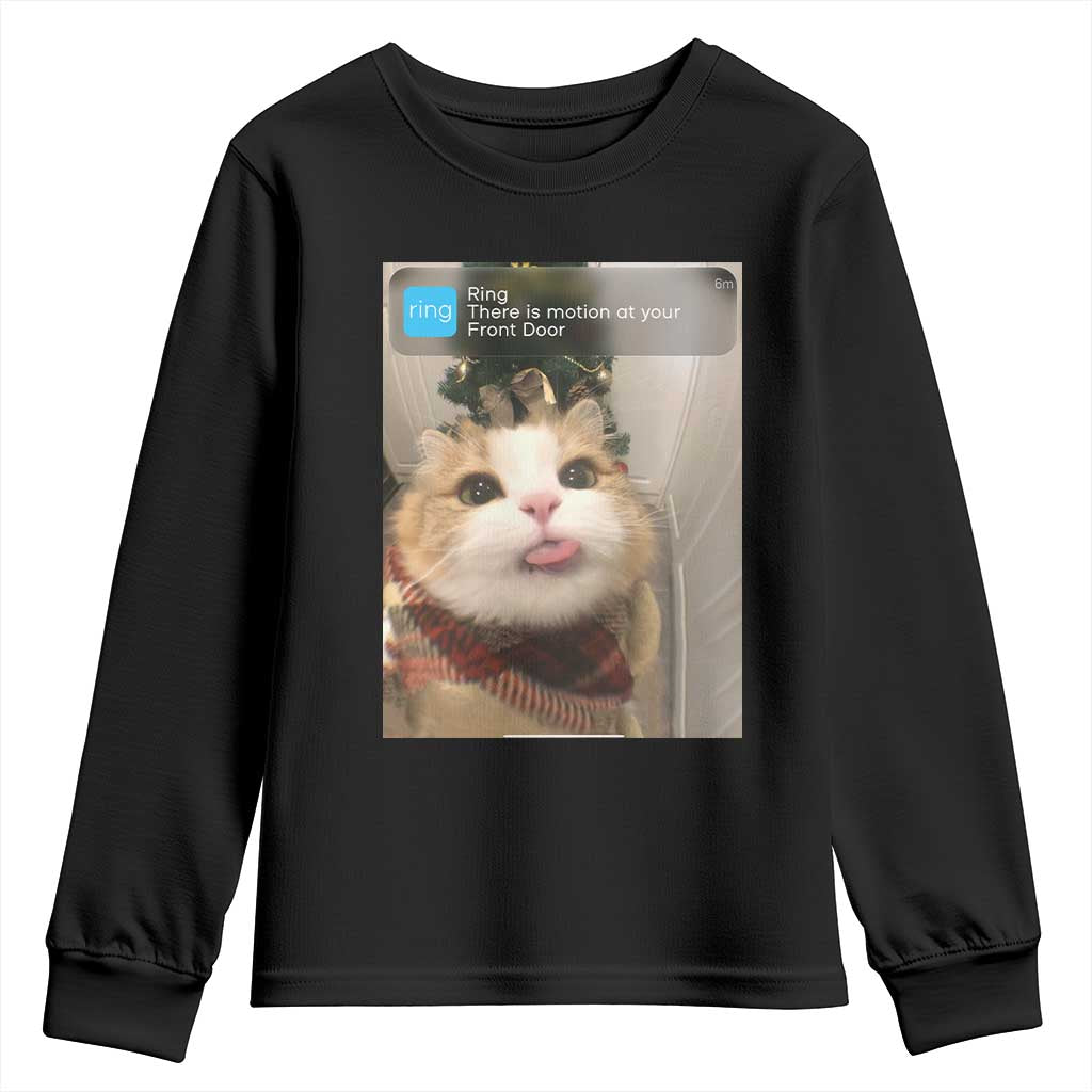 Funny Cat Christmas Youth Sweatshirt Ring There is Motion at Your Front Door Meme Xmas Tree TS10 Black Print Your Wear