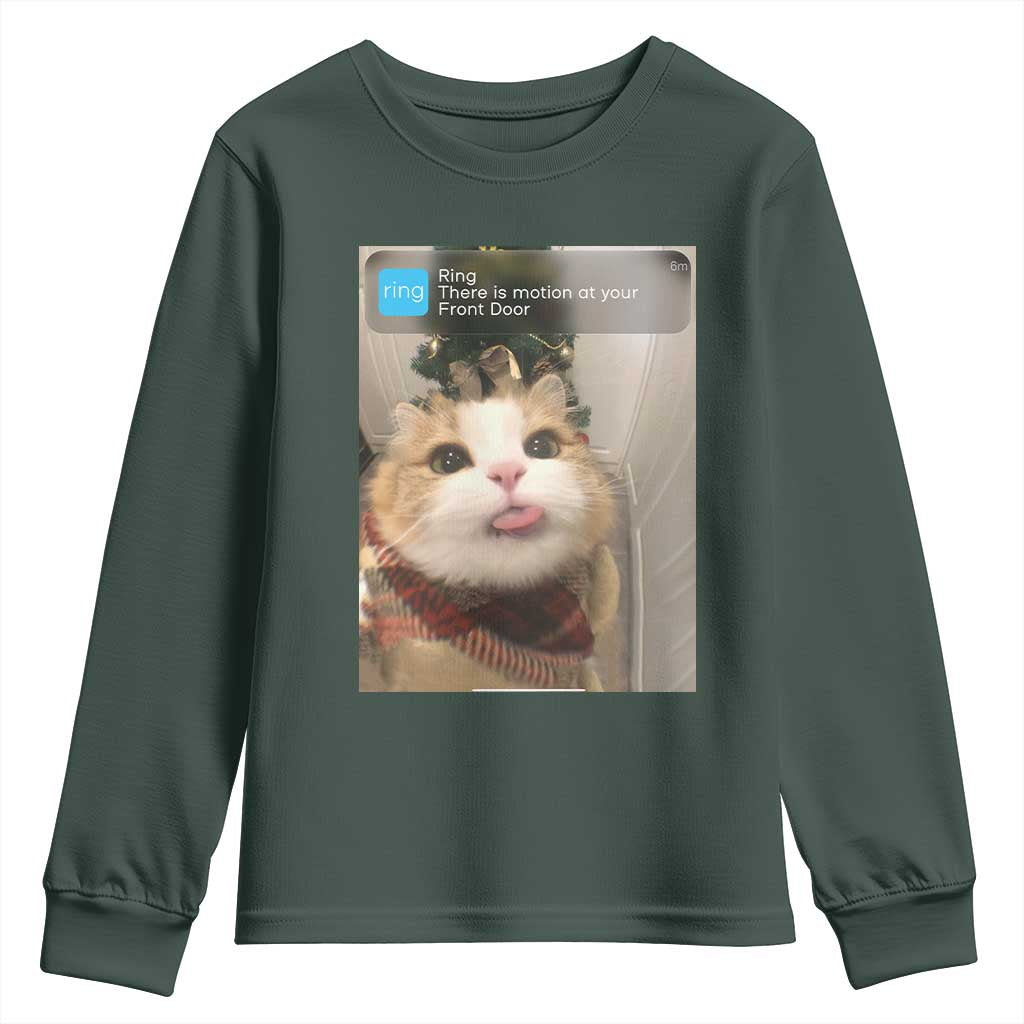 Funny Cat Christmas Youth Sweatshirt Ring There is Motion at Your Front Door Meme Xmas Tree TS10 Dark Forest Green Print Your Wear