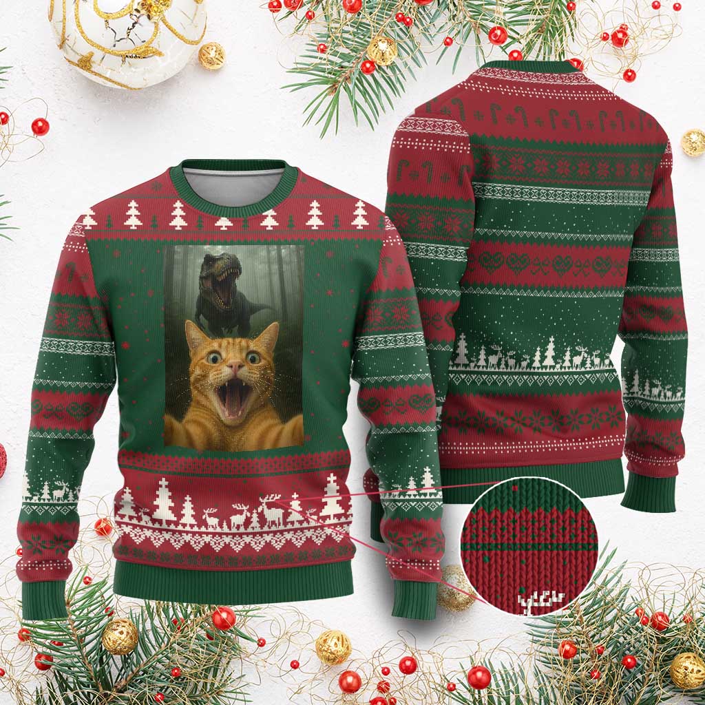 Cat Selfie With Dinosaur Ugly Christmas Sweater Funny Cat Gifts TS10 Red Green Print Your Wear