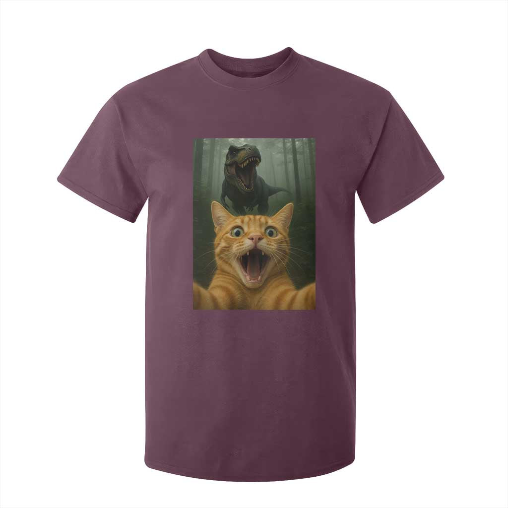 Cat Selfie With Dinosaur T Shirt For Kid Funny Cat Gifts TS10 Maroon Print Your Wear
