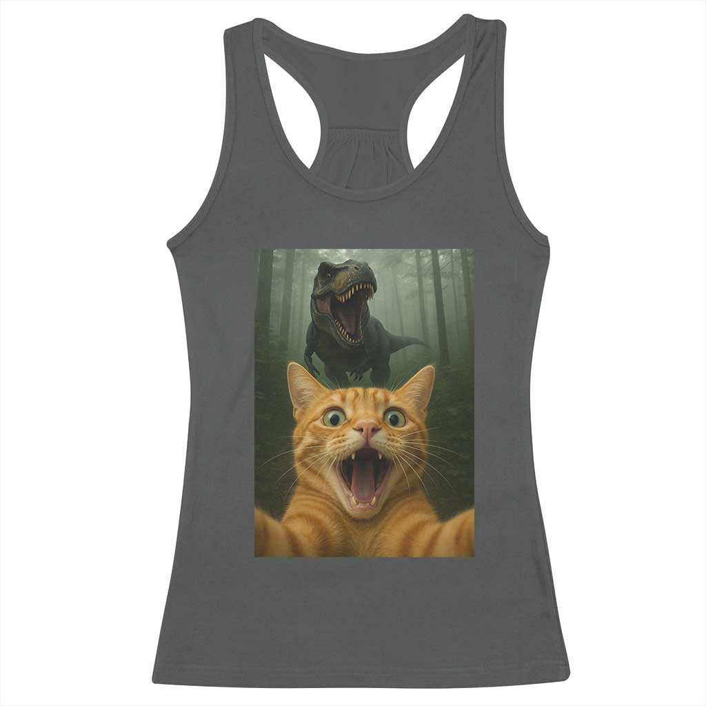 Cat Selfie With Dinosaur Racerback Tank Top Funny Cat Gifts TS10 Dark Heather Print Your Wear