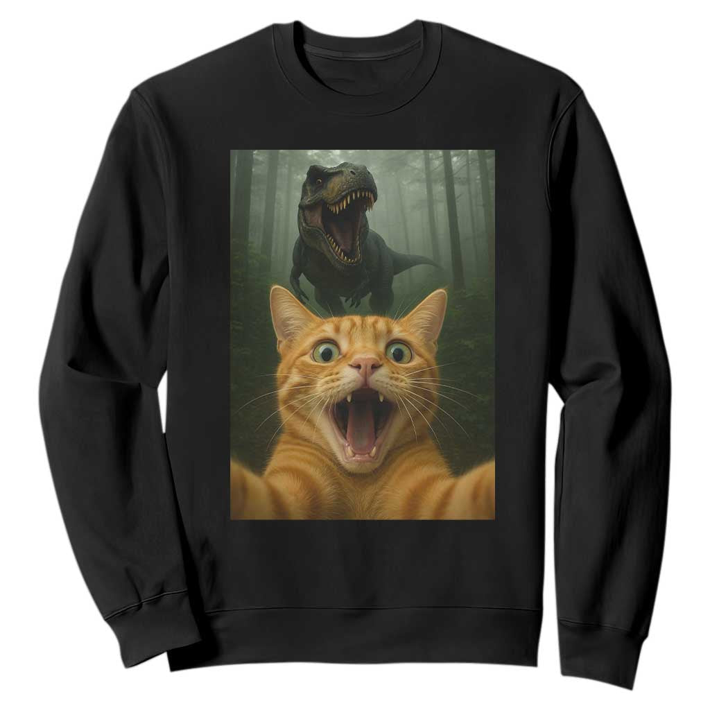Cat Selfie With Dinosaur Sweatshirt Funny Cat Gifts TS10 Black Print Your Wear