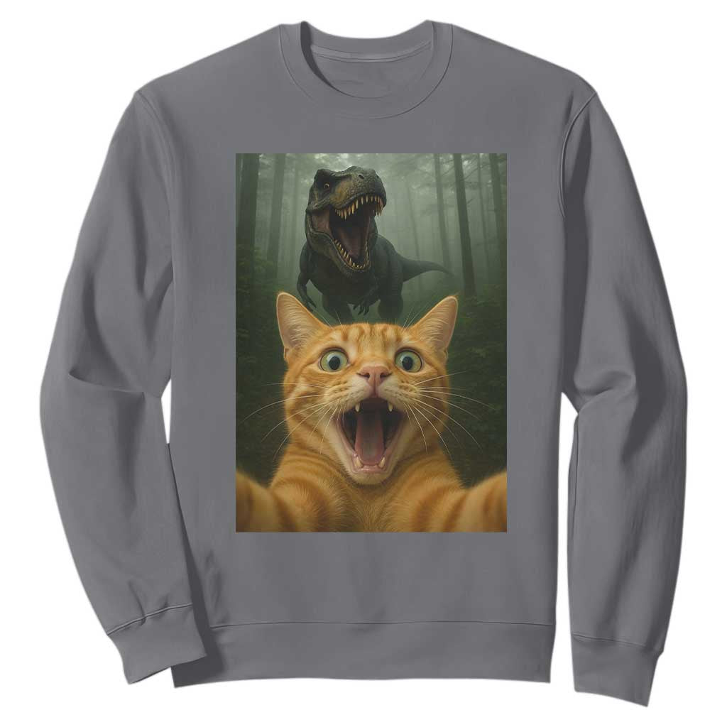 Cat Selfie With Dinosaur Sweatshirt Funny Cat Gifts TS10 Charcoal Print Your Wear