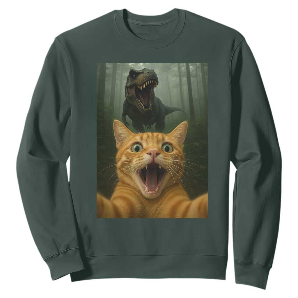 Cat Selfie With Dinosaur Sweatshirt Funny Cat Gifts TS10 Dark Forest Green Print Your Wear