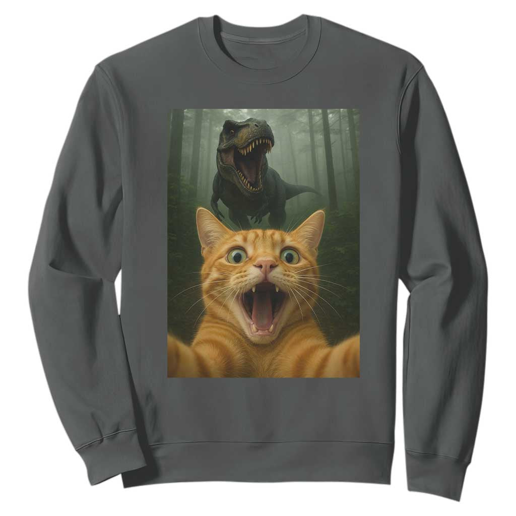 Cat Selfie With Dinosaur Sweatshirt Funny Cat Gifts TS10 Dark Heather Print Your Wear