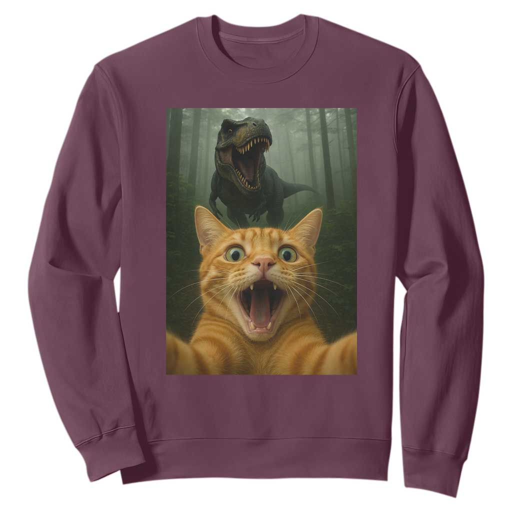 Cat Selfie With Dinosaur Sweatshirt Funny Cat Gifts TS10 Maroon Print Your Wear