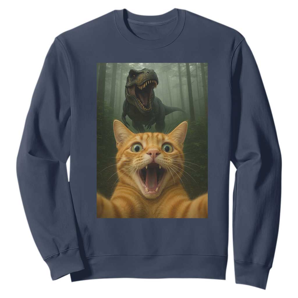 Cat Selfie With Dinosaur Sweatshirt Funny Cat Gifts TS10 Navy Print Your Wear