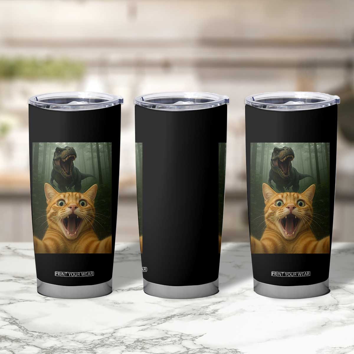 Cat Selfie With Dinosaur Tumbler Cup Funny Cat Gifts TS10 Print Your Wear