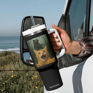 Cat Selfie With Dinosaur Tumbler With Handle Funny Cat Gifts TS10 Print Your Wear