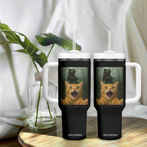 Cat Selfie With Dinosaur Tumbler With Handle Funny Cat Gifts TS10 Print Your Wear