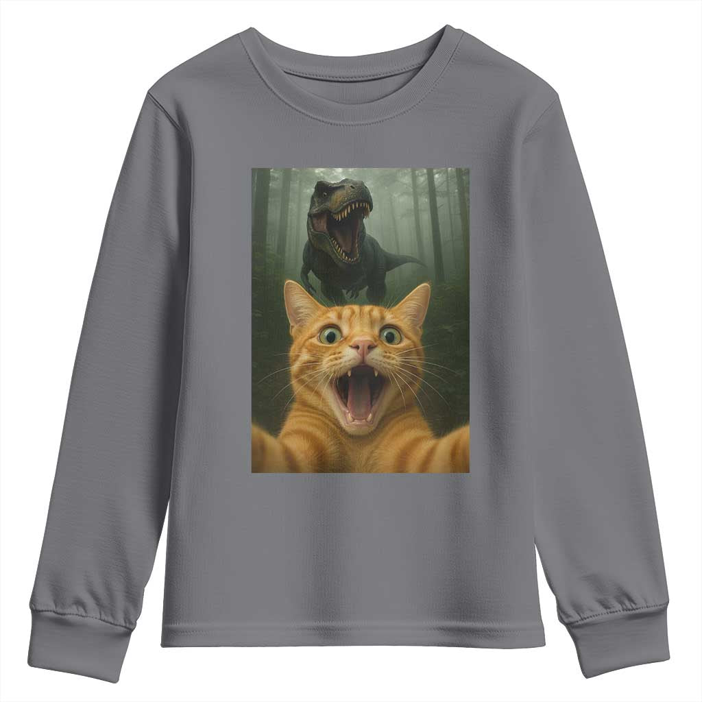 Cat Selfie With Dinosaur Youth Sweatshirt Funny Cat Gifts TS10 Charcoal Print Your Wear