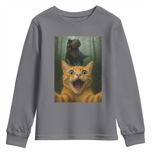 Cat Selfie With Dinosaur Youth Sweatshirt Funny Cat Gifts TS10 Charcoal Print Your Wear