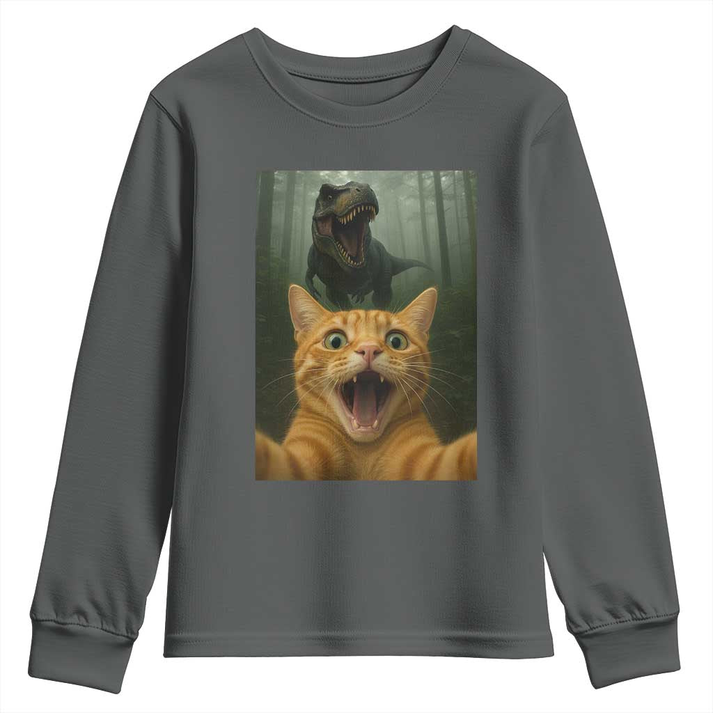 Cat Selfie With Dinosaur Youth Sweatshirt Funny Cat Gifts TS10 Dark Heather Print Your Wear