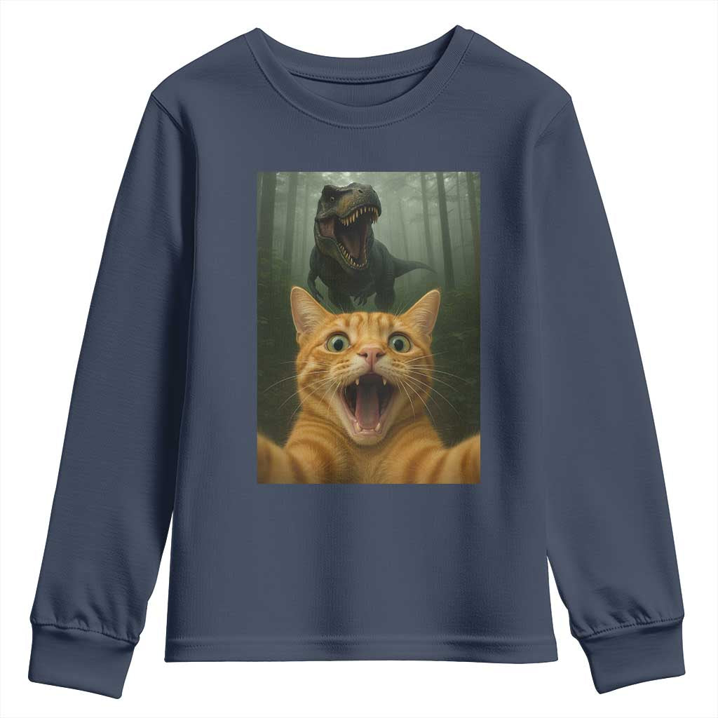 Cat Selfie With Dinosaur Youth Sweatshirt Funny Cat Gifts TS10 Navy Print Your Wear