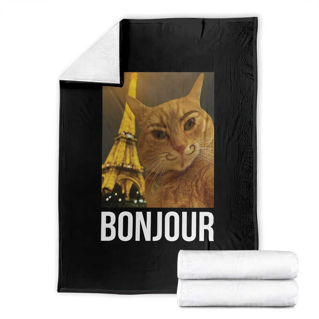 Funny Cat Bonjour Throw Blanket Paris France Eiffel Tower Orange Cat Meme TS10 Black Print Your Wear