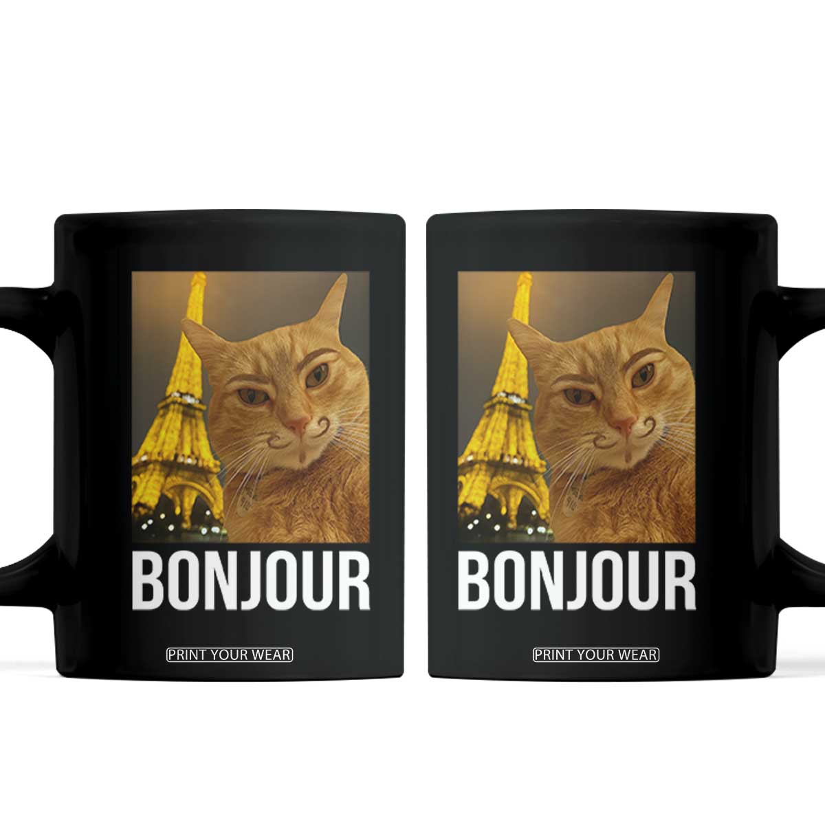 Funny Cat Bonjour Coffee Mug Paris France Eiffel Tower Orange Cat Meme TS10 Black Print Your Wear