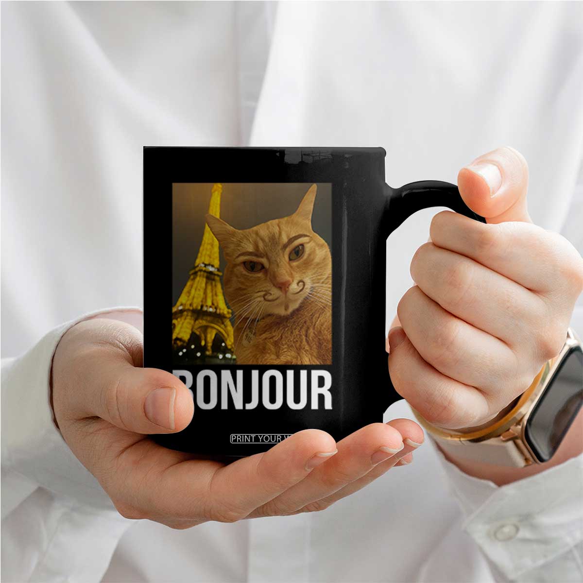 Funny Cat Bonjour Coffee Mug Paris France Eiffel Tower Orange Cat Meme TS10 Print Your Wear