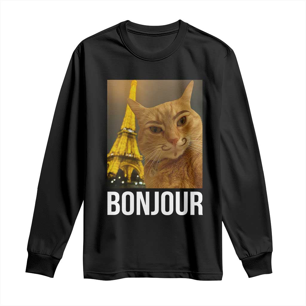 Funny Cat Bonjour Long Sleeve Shirt Paris France Eiffel Tower Orange Cat Meme TS10 Black Print Your Wear