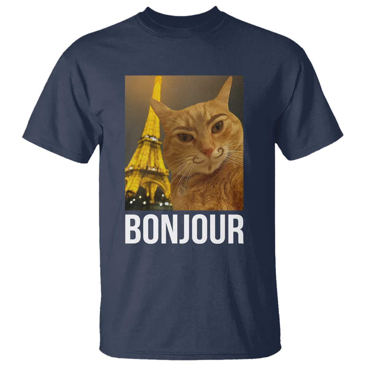 Funny Cat Bonjour T Shirt Paris France Eiffel Tower Orange Cat Meme TS10 Navy Print Your Wear