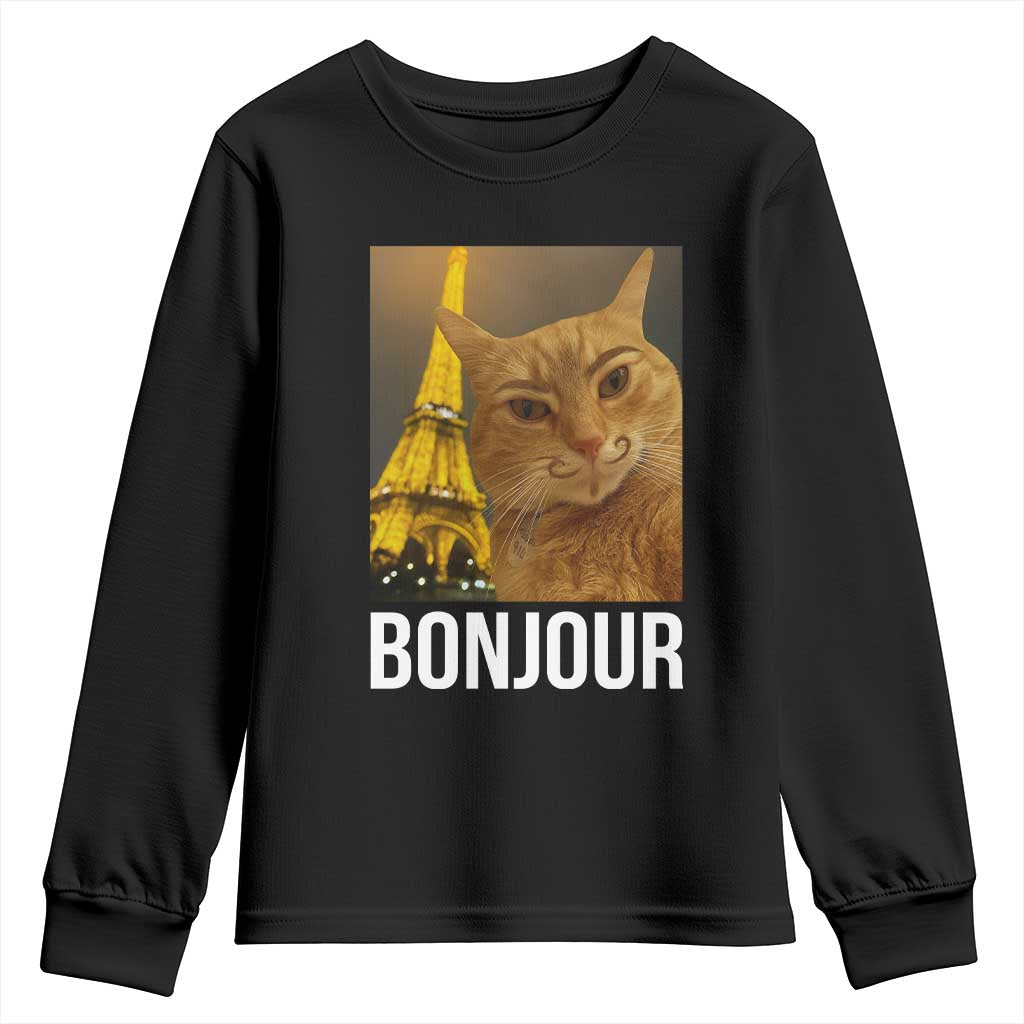 Funny Cat Bonjour Youth Sweatshirt Paris France Eiffel Tower Orange Cat Meme TS10 Black Print Your Wear