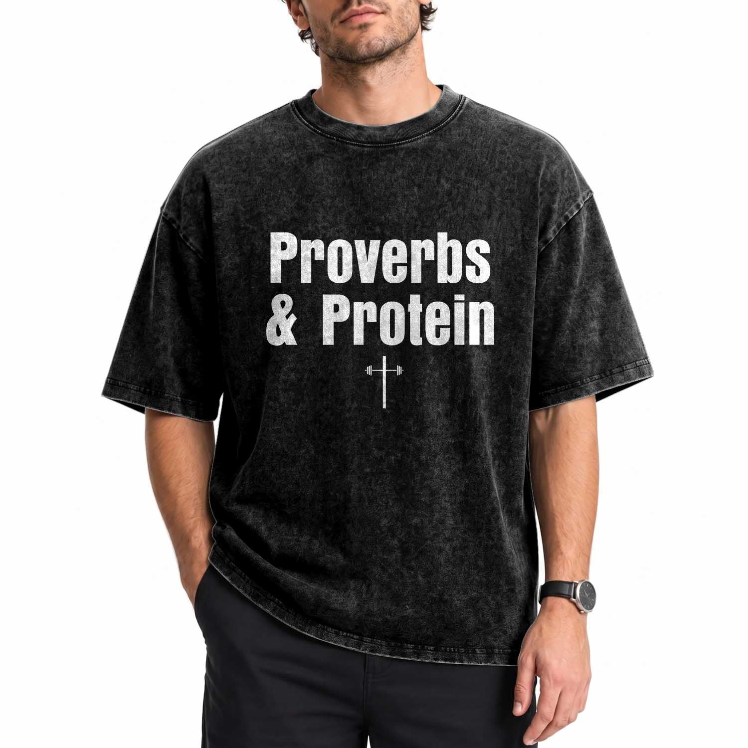 Proverbs and Protein Funny Gym Christian Washed Cotton T-Shirt Faith and Fitness Cross Workout