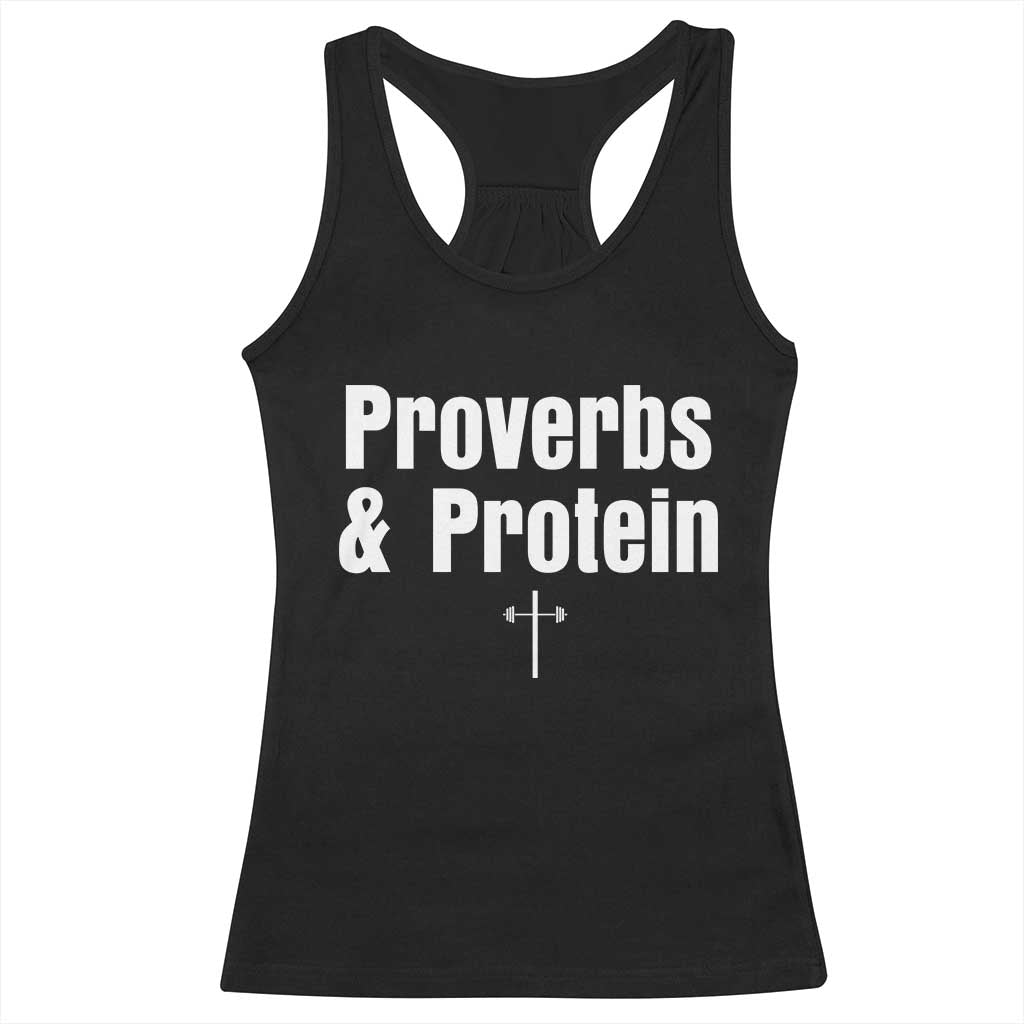 Proverbs and Protein Funny Gym Christian Racerback Tank Top Faith and Fitness Cross Workout