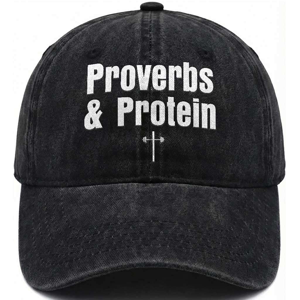 Proverbs and Protein Funny Gym Christian Washed Cotton Baseball Cap Faith and Fitness Cross Workout