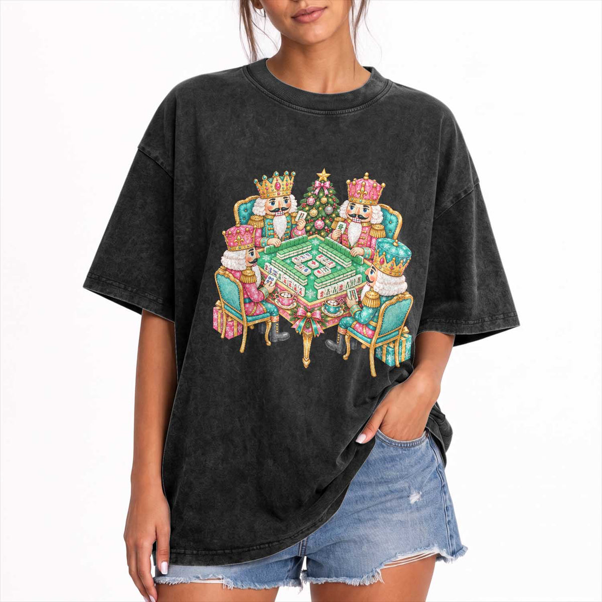 Christmas Nutcracker Mahjong Washed Cotton T-Shirt Mahj Lovers Game Night Holiday