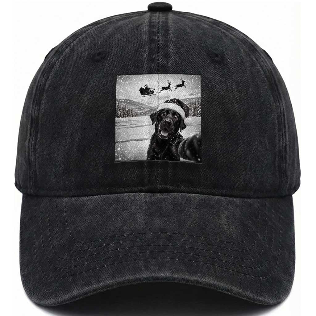 Funny Christmas Black Labrador Dog Selfie With Santa Washed Cotton Baseball Cap Lab Lover Gift