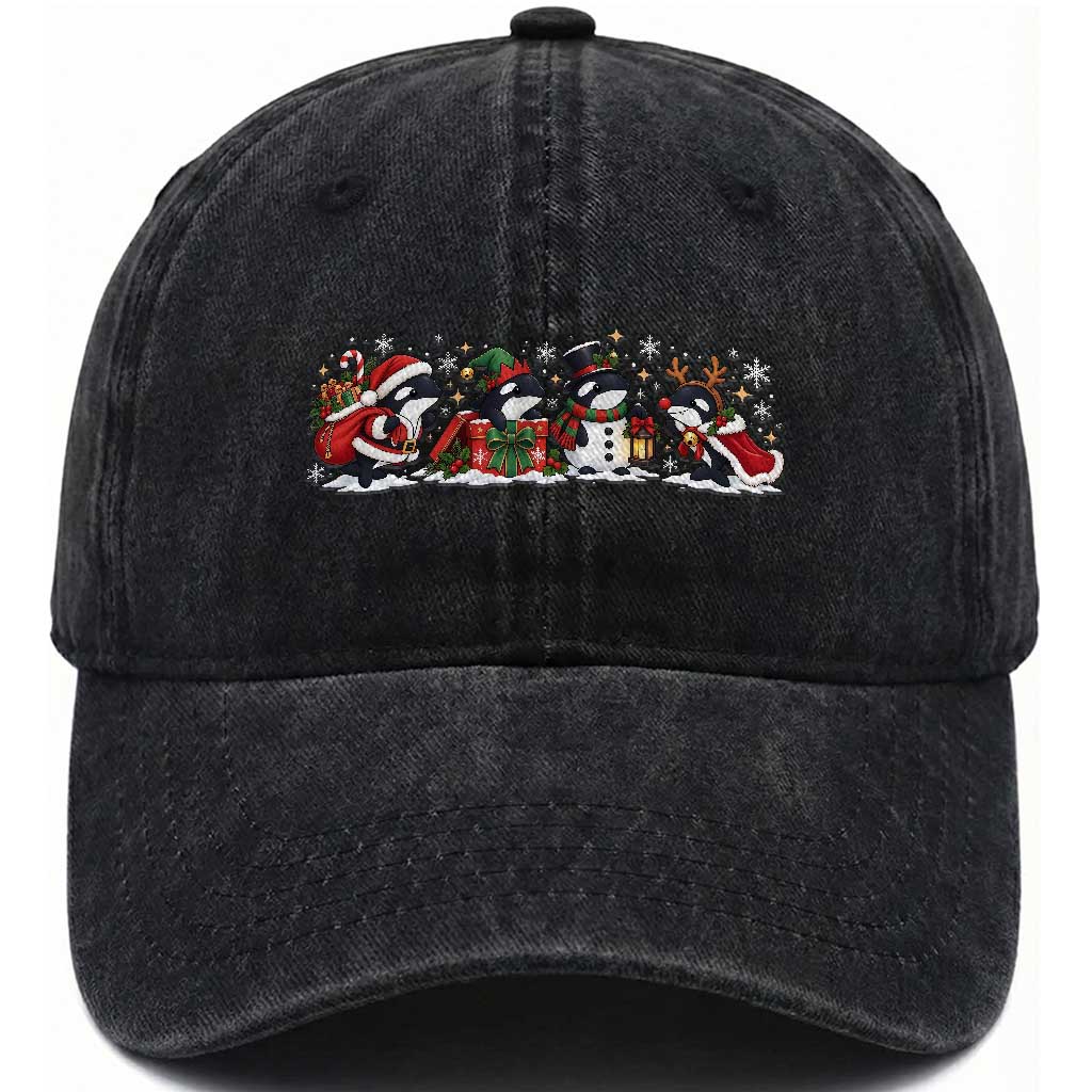 Christmas Orca Whale Washed Cotton Baseball Cap Cute Killer Whale Santa Snowman Reindeer Holiday