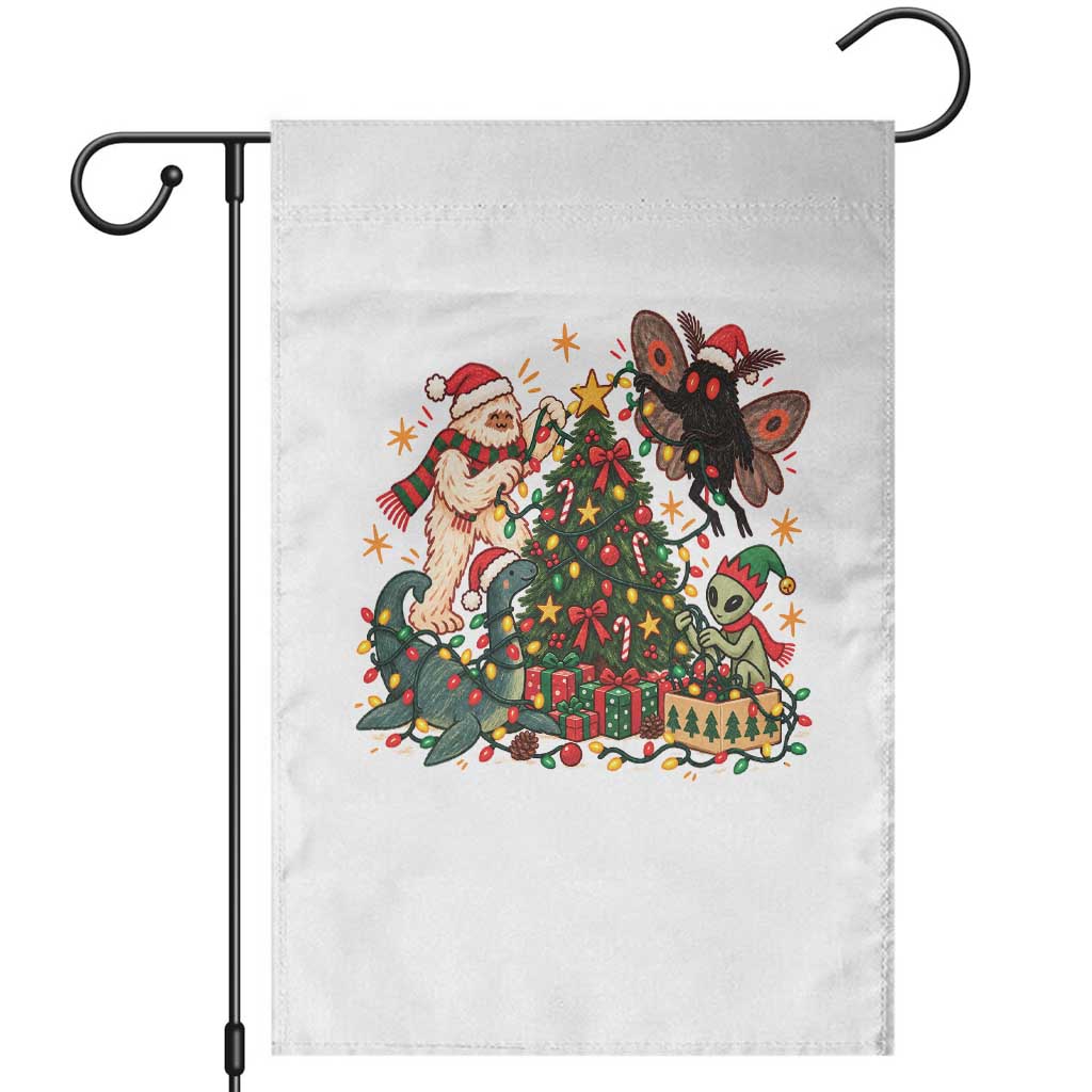 Cryptid Decorating Christmas Tree Garden Flag Cute Bigfoot Mothman Nessie Alien Holiday Vintage Folk Art