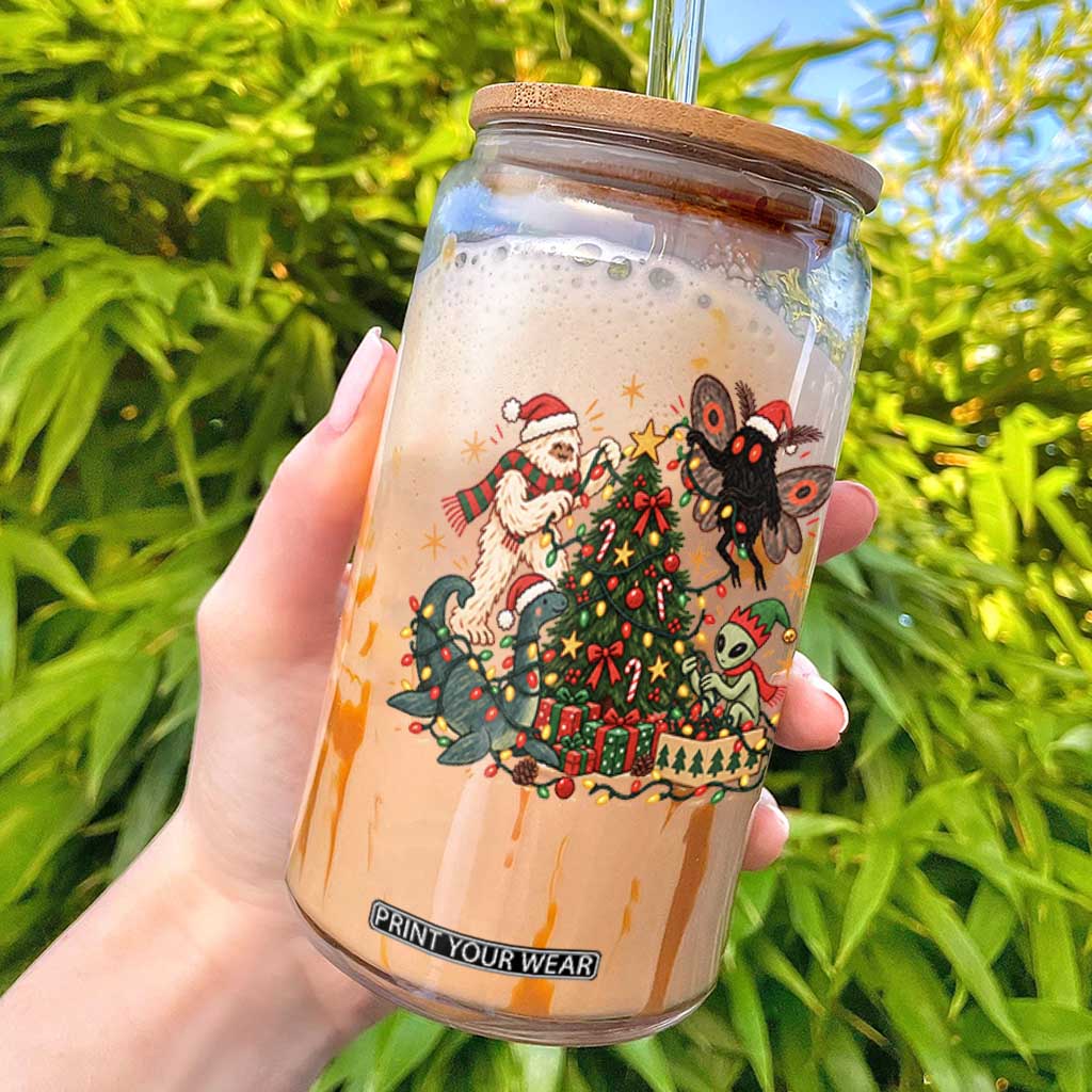 Cryptid Decorating Christmas Tree Glass Can Cute Bigfoot Mothman Nessie Alien Holiday Vintage Folk Art