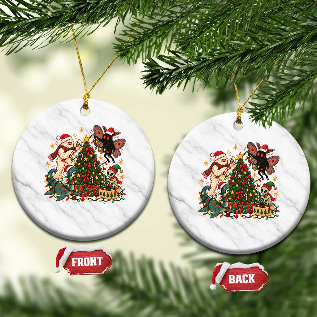 Cryptid Decorating Christmas Tree Ceramic Ornament Cute Bigfoot Mothman Nessie Alien Holiday Vintage Folk Art