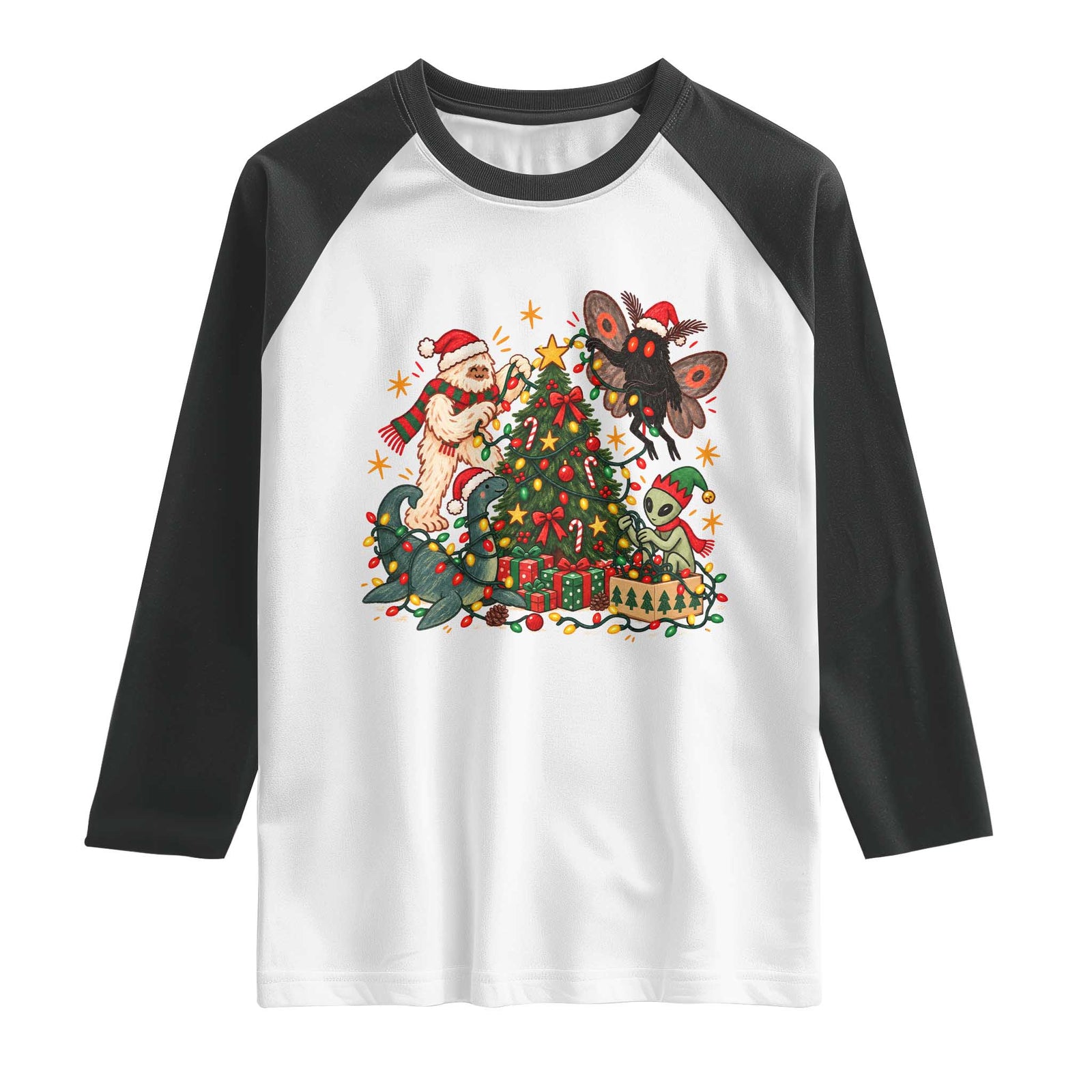Cryptid Decorating Christmas Tree Raglan Shirt Cute Bigfoot Mothman Nessie Alien Holiday Vintage Folk Art