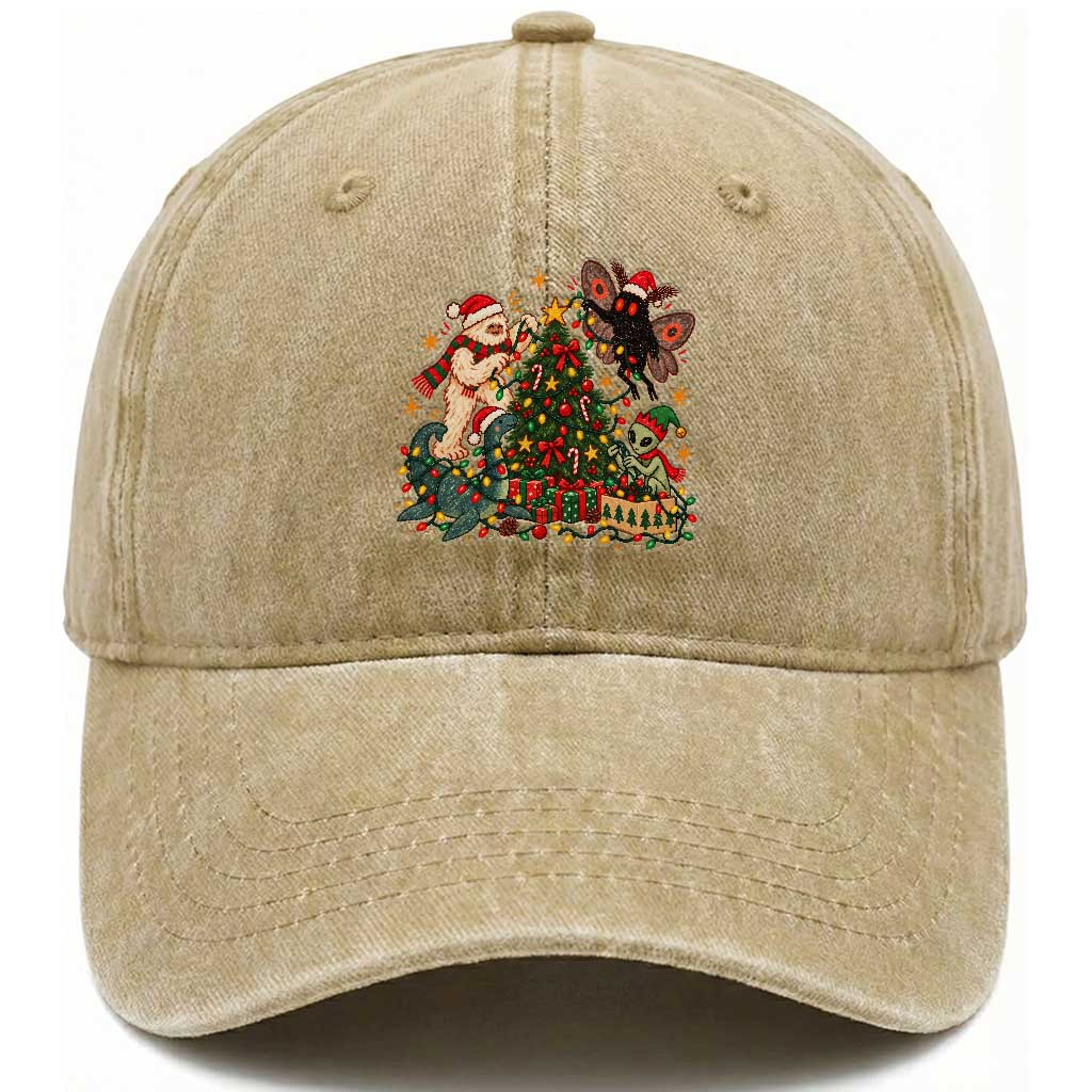 Cryptid Decorating Christmas Tree Washed Cotton Baseball Cap Cute Bigfoot Mothman Nessie Alien Holiday Vintage Folk Art