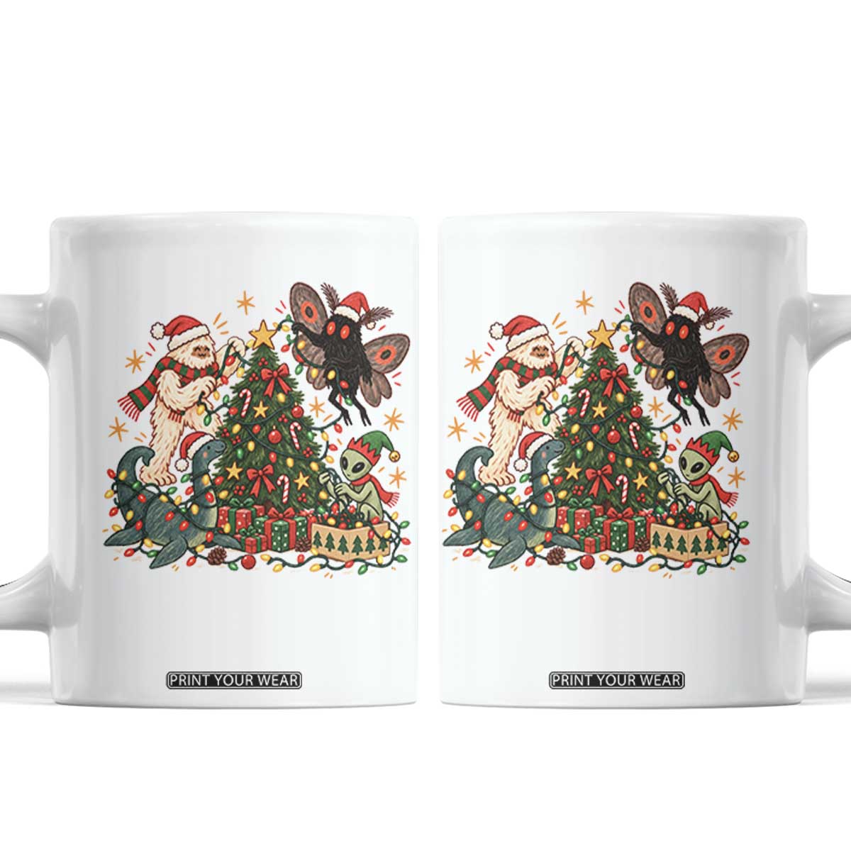 Cryptid Decorating Christmas Tree Coffee Mug Cute Bigfoot Mothman Nessie Alien Holiday Vintage Folk Art