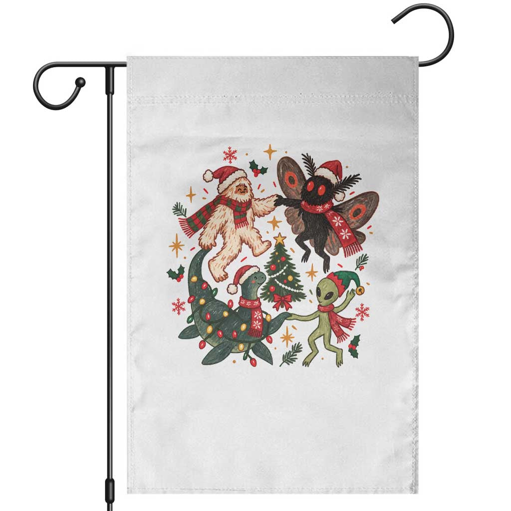Christmas Cryptid Dancing Garden Flag Cute Bigfoot Mothman Nessie Alien Holiday Vintage Folk Art