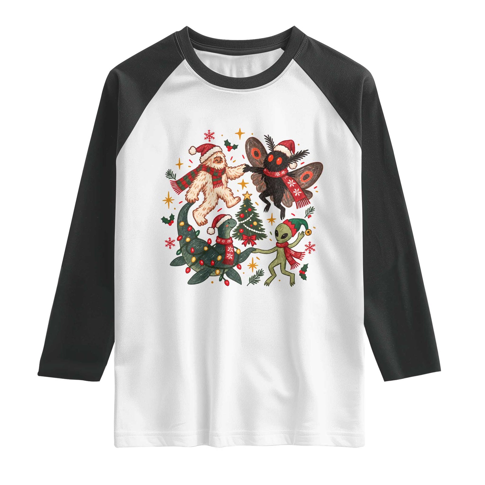 Christmas Cryptid Dancing Raglan Shirt Cute Bigfoot Mothman Nessie Alien Holiday Vintage Folk Art