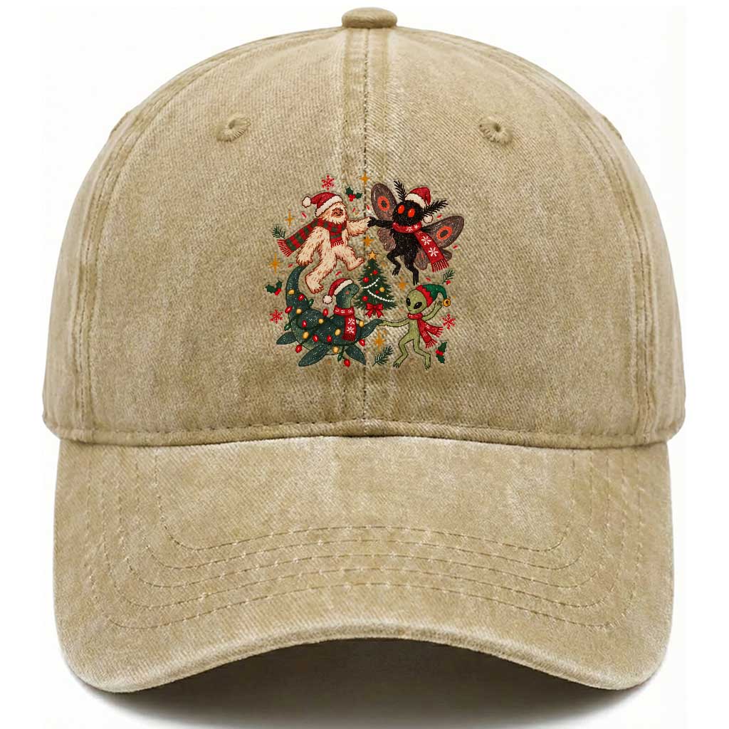 Christmas Cryptid Dancing Washed Cotton Baseball Cap Cute Bigfoot Mothman Nessie Alien Holiday Vintage Folk Art