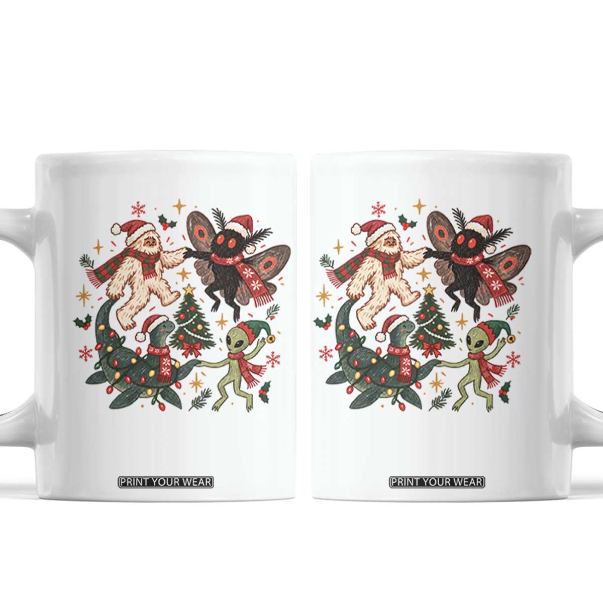 Christmas Cryptid Dancing Coffee Mug Cute Bigfoot Mothman Nessie Alien Holiday Vintage Folk Art