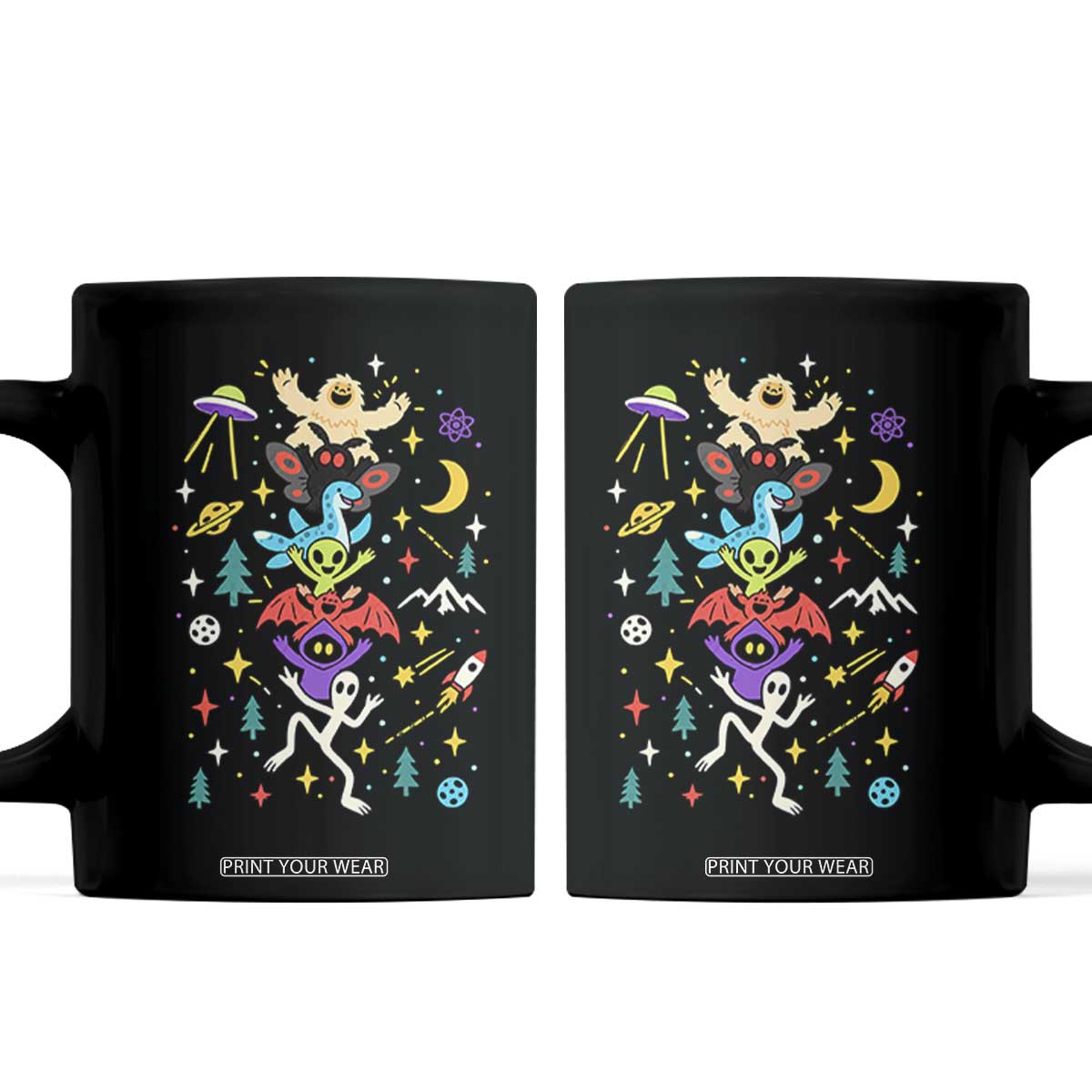 Stack Totem Cryptids Graphic Coffee Mug Bigfoot Mothman Alien Loch Ness Dragon Space Galaxy Weirdcore Halloween