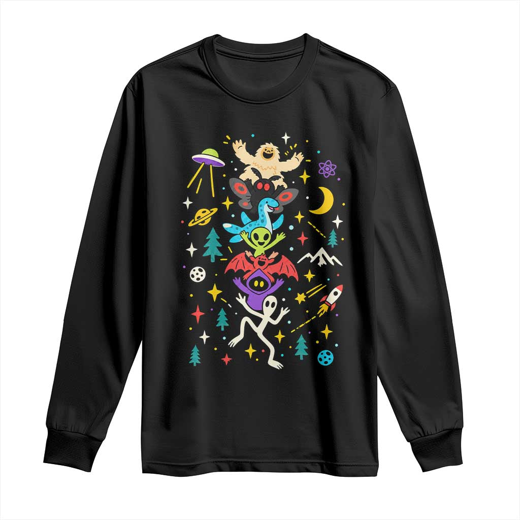 Stack Totem Cryptids Graphic Long Sleeve Shirt Bigfoot Mothman Alien Loch Ness Dragon Space Galaxy Weirdcore Halloween