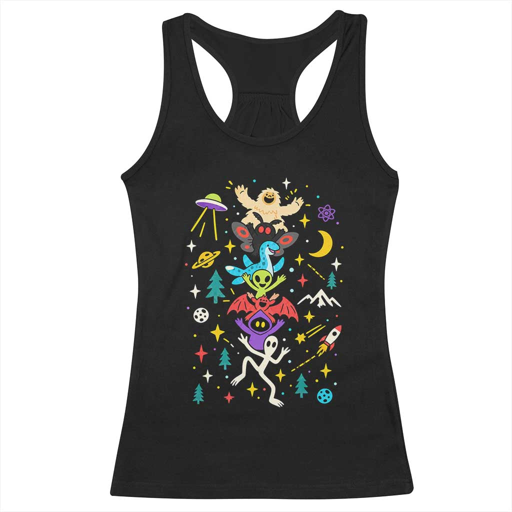 Stack Totem Cryptids Graphic Racerback Tank Top Bigfoot Mothman Alien Loch Ness Dragon Space Galaxy Weirdcore Halloween